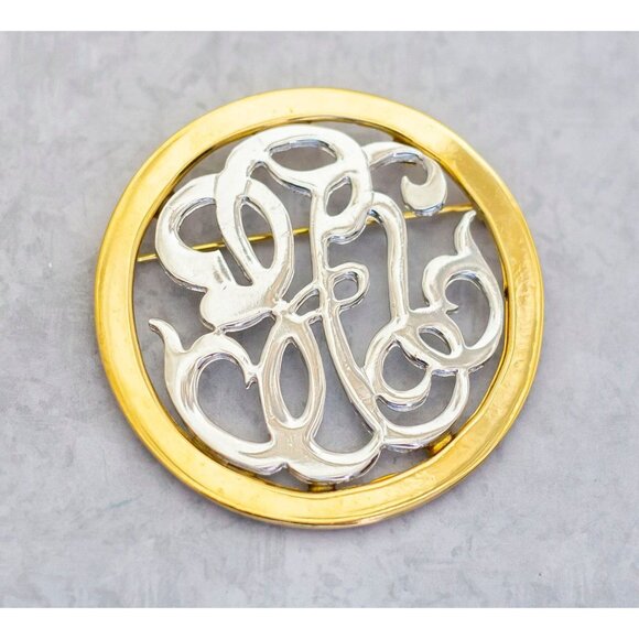Vintage Gold Silver Tone Circle Ring Monogram Brooch by GJD - C7 - Picture 1 of 2